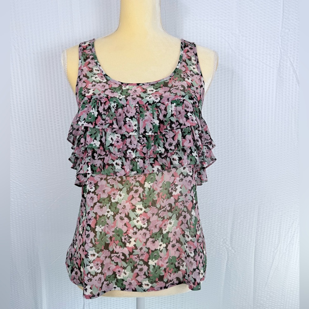Express Floral Lightweight Tank Top Soft Layers Flowy Sheer  Ruffles  Sz XS